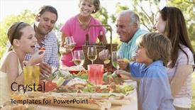  Presentation with dining - PPT theme consisting of children picnic - family dining al fresco background and a coral colored foreground
