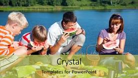  Presentation with family children - Beautiful PPT theme featuring children picnic - family resting on the green backdrop and a yellow colored foreground