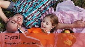  Presentation with child girl reading a book - Slides having children picnic - father and child read book background and a red colored foreground