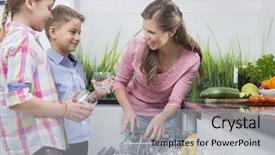  Presentation with children - Colorful presentation design enhanced with children placing glasses in dishwash backdrop and a light gray colored foreground