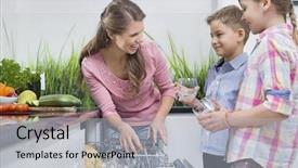  Presentation with displaying a happy mother cudd - Cool new presentation theme with children placing glasses in dishwash backdrop and a light gray colored foreground
