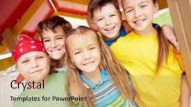  Presentation with college education happy smiling - Beautiful slide deck featuring children playground - happy friends looking at camera backdrop and a coral colored foreground