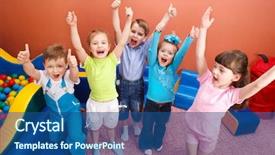  Presentation with kids playing - Cool new slide deck with children playing - group of shouting kids backdrop and a ocean colored foreground