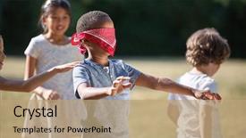  Presentation with children little child girl plays - Presentation design having children playing blind man's background and a coral colored foreground