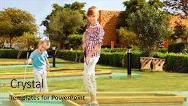  Presentation with children little child girl plays - Amazing PPT layouts having children playing in golf outdoor backdrop and a yellow colored foreground