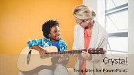  Presentation with play - Presentation theme enhanced with children playing music - boy learning how to play background and a coral colored foreground