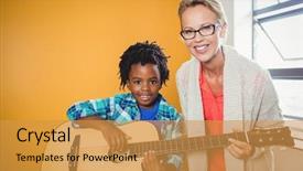  Presentation with learning - Beautiful slides featuring children playing music - boy learning how to play backdrop and a gold colored foreground
