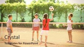  Presentation with sports children - Cool new slide deck with children playing on sports ground backdrop and a lemonade colored foreground