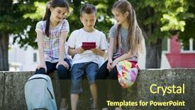  Presentation with video games playing - Presentation theme featuring children playing video games outdoors background and a tawny brown colored foreground