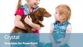  Presentation with children playing - Beautiful PPT layouts featuring children playing with a red dachshund on white background backdrop and a teal colored foreground
