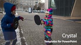  Presentation with children little child girl plays - Audience pleasing slide set consisting of children playing with cardboard swords backdrop and a gray colored foreground