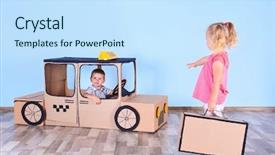  Presentation with children little child girl plays - Presentation design consisting of children playing with cardboard taxi background and a sky blue colored foreground