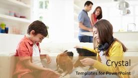  Presentation with children parents - PPT theme featuring children playing with dog background and a yellow colored foreground