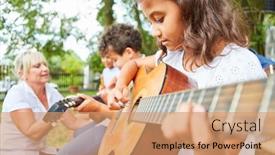  Presentation with guitar class - Beautiful theme featuring children-practice-playing-the-guitar backdrop and a coral colored foreground