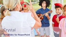  Presentation with summer camp show - PPT theme with children-practice-together-for-performance background and a sky blue colored foreground