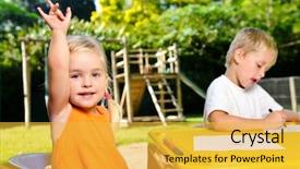  Presentation with attention - PPT theme enhanced with children questions - cute blonde girl holds hand background and a yellow colored foreground