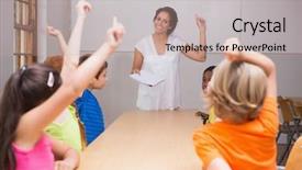  Presentation with potter hands making in clay - Presentation design enhanced with children questions - cute pupils raising their hands background and a  colored foreground