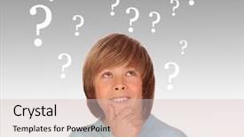  Presentation with 3d man sitting question mark - Beautiful PPT layouts featuring children questions - doubtful preteen boy with many backdrop and a soft green colored foreground