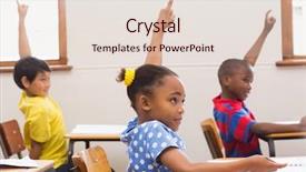  Presentation with elementary school - Beautiful PPT theme featuring children questions - pupils raising hand in classroom backdrop and a lemonade colored foreground