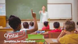  Presentation with elementary school - Colorful PPT theme enhanced with children questions - pupils raising their hands backdrop and a tawny brown colored foreground