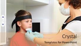  Presentation with dental radiology - PPT theme consisting of children radiology - dentist in mask prepares boy background and a coral colored foreground