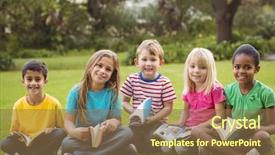  Presentation with classmates - PPT theme consisting of children reading - portrait of smiling classmates sitting background and a coral colored foreground