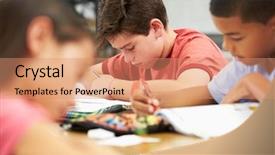  Presentation with pupils reading - Colorful presentation design enhanced with children reading - pupils studying at desks backdrop and a coral colored foreground