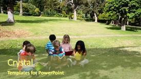  Presentation with children reading - PPT theme featuring children reading book background and a tawny brown colored foreground