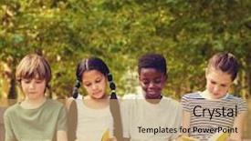  Presentation with children books - Slide set consisting of children reading books at park against walkway along lined trees in the park background and a yellow colored foreground
