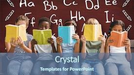  Presentation with children books - PPT theme featuring children reading books at park against image of a desk background and a ocean colored foreground