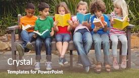  Presentation with children books - Beautiful PPT layouts featuring children reading from books together backdrop and a violet colored foreground