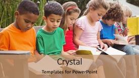  Presentation with children books - PPT theme having children reading from books together background and a coral colored foreground