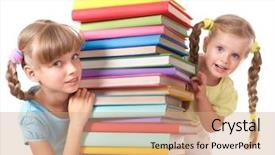  Presentation with children reading - Presentation theme featuring children reading pile of book isolated background and a coral colored foreground