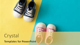  Presentation with sports children - Beautiful theme featuring children-s-denim-sports-shoes backdrop and a yellow colored foreground