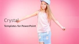  Presentation with old clothes - Theme consisting of children's fashion cute eight year old girl wearing summer jeans clothes and a bag posing over pink background studio shot background and a lemonade colored foreground
