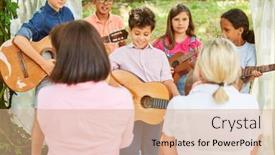  Presentation with summer camp show - Audience pleasing PPT layouts consisting of children-s-group-with-guitars backdrop and a coral colored foreground