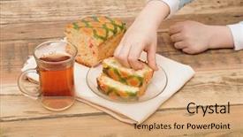  Presentation with children hands - Beautiful slide deck featuring children's hands reaching out for a piece of the pie backdrop and a coral colored foreground