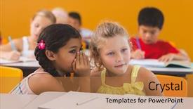  Presentation with ear - Slide set with children s literature - schoolgirl whispering into her friend background and a coral colored foreground