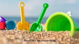  Presentation with seashore - Audience pleasing presentation design consisting of children's set for game with sand on the seashore backdrop and a coral colored foreground