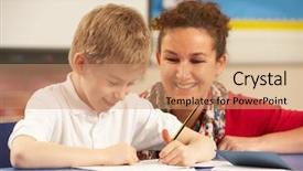  Presentation with classroom strategies - Presentation theme having children s writing - schoolboy studying in classroom background and a coral colored foreground