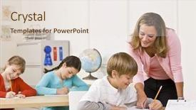  Presentation with student writing teacher - Beautiful PPT theme featuring children s writing - teacher helping student in classroom backdrop and a sky blue colored foreground