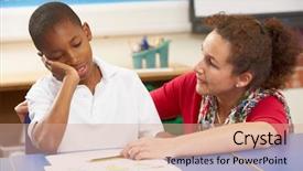  Presentation with unhappy - Cool new slide set with children s writing - unhappy schoolboy studying in classroom backdrop and a coral colored foreground
