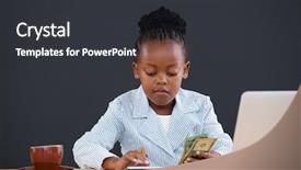  Presentation with paper - Audience pleasing slides consisting of children save - serious businesswoman calculating paper currency backdrop and a dark gray colored foreground