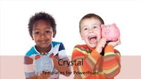  Presentation with piggy bank is evil - Beautiful slide deck featuring children saving with their piggy backdrop and a coral colored foreground