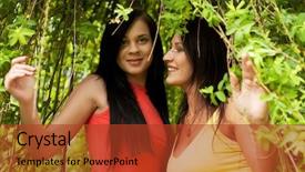  Presentation with full length portrait two men women brown sweater - Slide deck having middle aged beautiful female near palm leaves near the stone wall and palm leaves in the beach background and a gray colored foreground