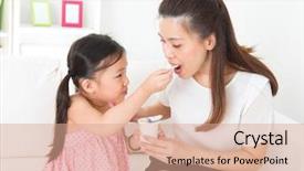 Presentation with child healthcare - Colorful presentation theme enhanced with children sharing food - eating yogurt happy asian family backdrop and a coral colored foreground