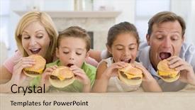  Presentation with family healthy eating - Audience pleasing theme consisting of children sharing food - family eating cheeseburgers together backdrop and a coral colored foreground