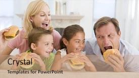  Presentation with eating - PPT layouts featuring children sharing food - family eating cheeseburgers together background and a coral colored foreground