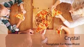  Presentation with family children - Beautiful presentation featuring children sharing food - family eating pizza together overhead backdrop and a coral colored foreground