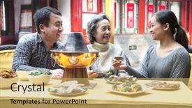  Presentation with restaurant family - Beautiful PPT layouts featuring children sharing food - family enjoying traditional chinese meal backdrop and a yellow colored foreground